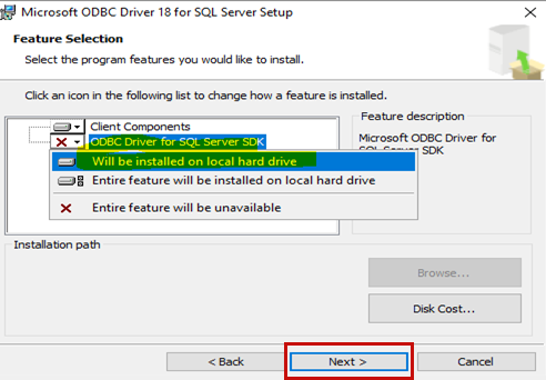 ODBC Driver for SQL Server SDK dialog